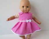 Doll Clothes - Pink Dress with White Trim and Bow - Fits Bitty Baby, Baby Alive, Waldorf