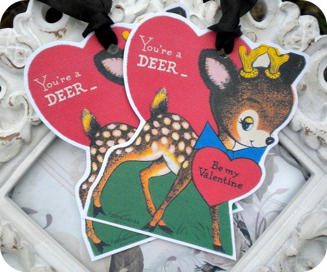 Vintage You're a Deer Valentine Tags - Set of 4 - Vintage Inspired - Cottage Shabby Chic - Valentine's Day