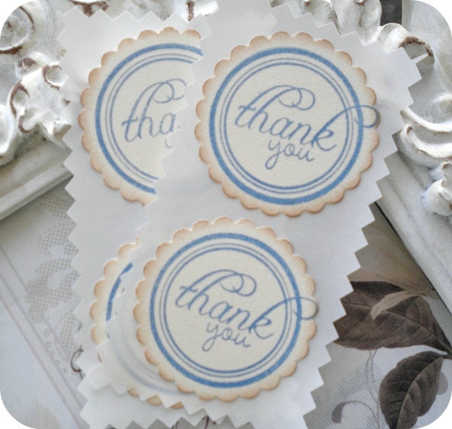 Blue Thank You Label Stickers / Seals - 1.5 inch scallop circle - Cottage Chic - Set of 12 - Baby Girl