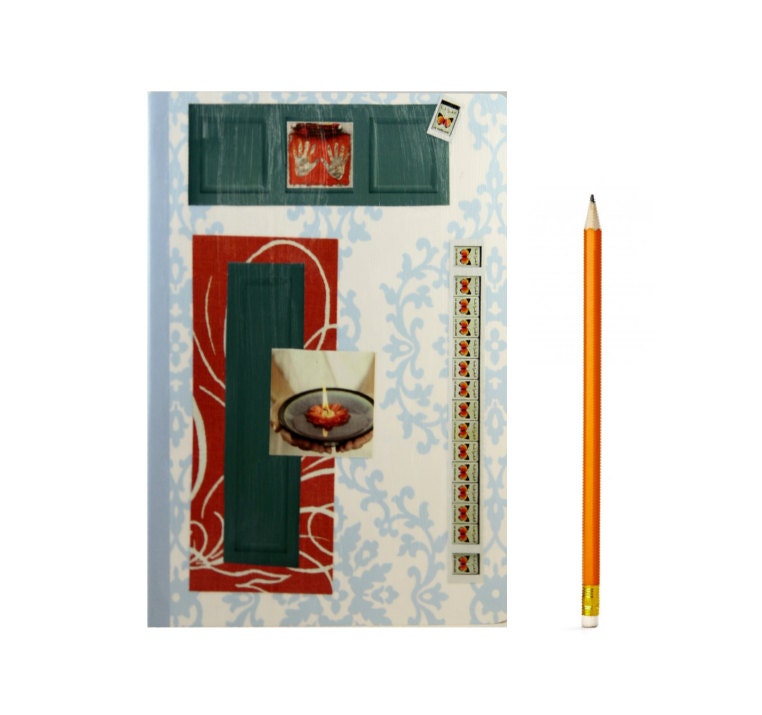 Lined Journal with Turquoise & Deep Burnt Orange - Anthropologie India Style -  5 in by 7 in with 80 lined sheets