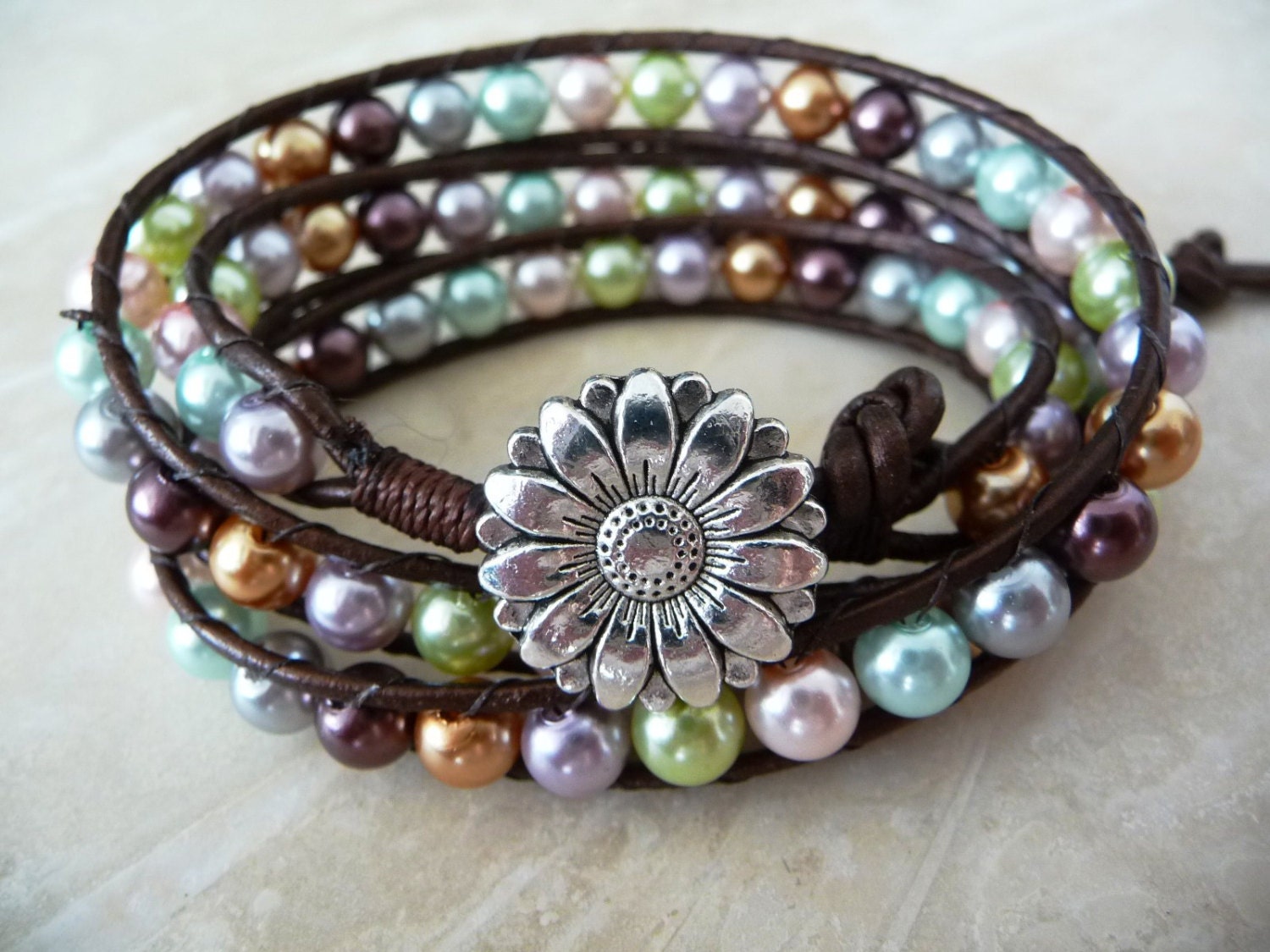 Leather and Pearl Wrap Bracelet
