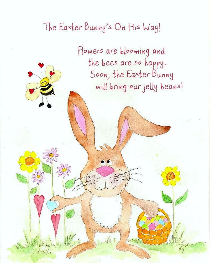 Bunny Rabbit. Easter. Whimsical Art. Original Watercolor. Painting. Print
