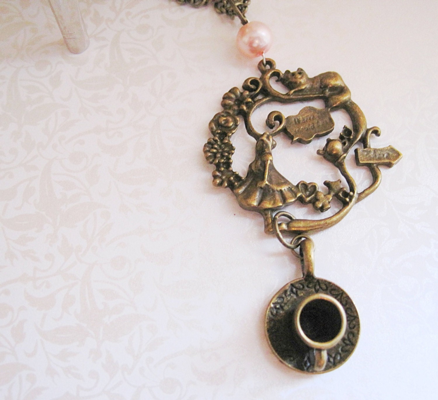Alice in Wonderland. Small Teapot. Pink Pearl. Vintage Style. Brass Chain. Long Necklace. Fairy-tale. Fantasy. Whimsical. Cheshire Cat.