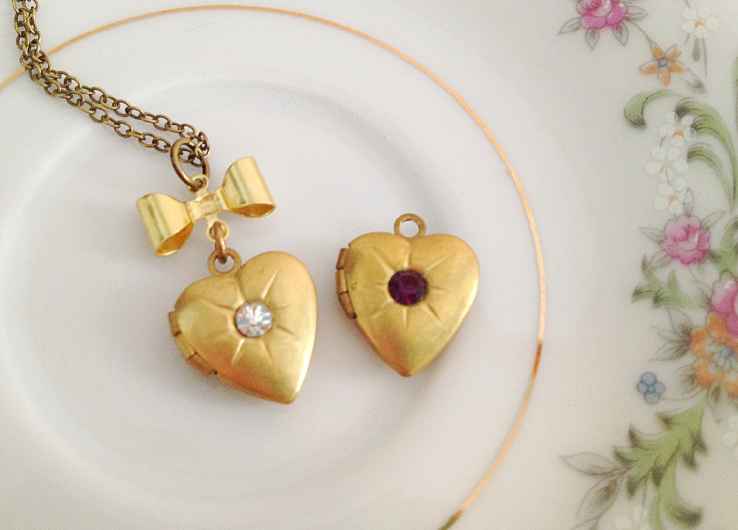 Gold Heart Locket Necklace. Vintage Style. Brass. Delicate. Small Bow. Bow Charm. Crystal Rhinestone. Deep Red. Romantic. Under 20.