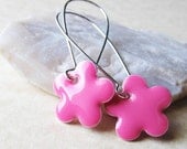 Dangle Drop Earrings - Bubble Gum Pink Epoxy Enamel Flowers - Sterling Silver Plated over Brass