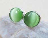 Post Stud Earrings - Round Lime Green Cat's Eye Glass Cabochon - Silver Plated Brass Bezel