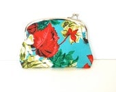Coin Purse Clutch / Metal Frame / Turquoise Floral with Red Gingham lining