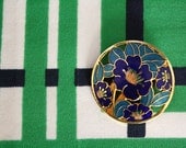 Gold and Blue Enamel Flower Brooch