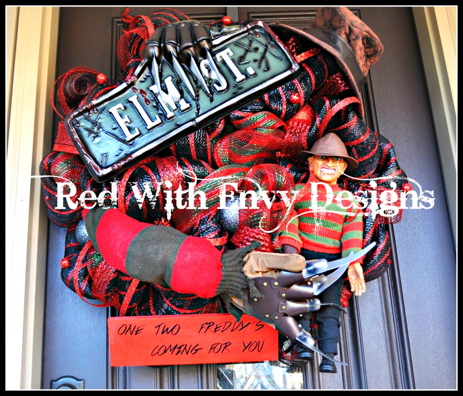 Halloween Wreath, Deco Mesh Wreath, Mesh Wreath, Orange Wreath, Black Wreath, OOAK Wreath, Halloween, Spiral Wreath, Freddy Krueger, Freddy