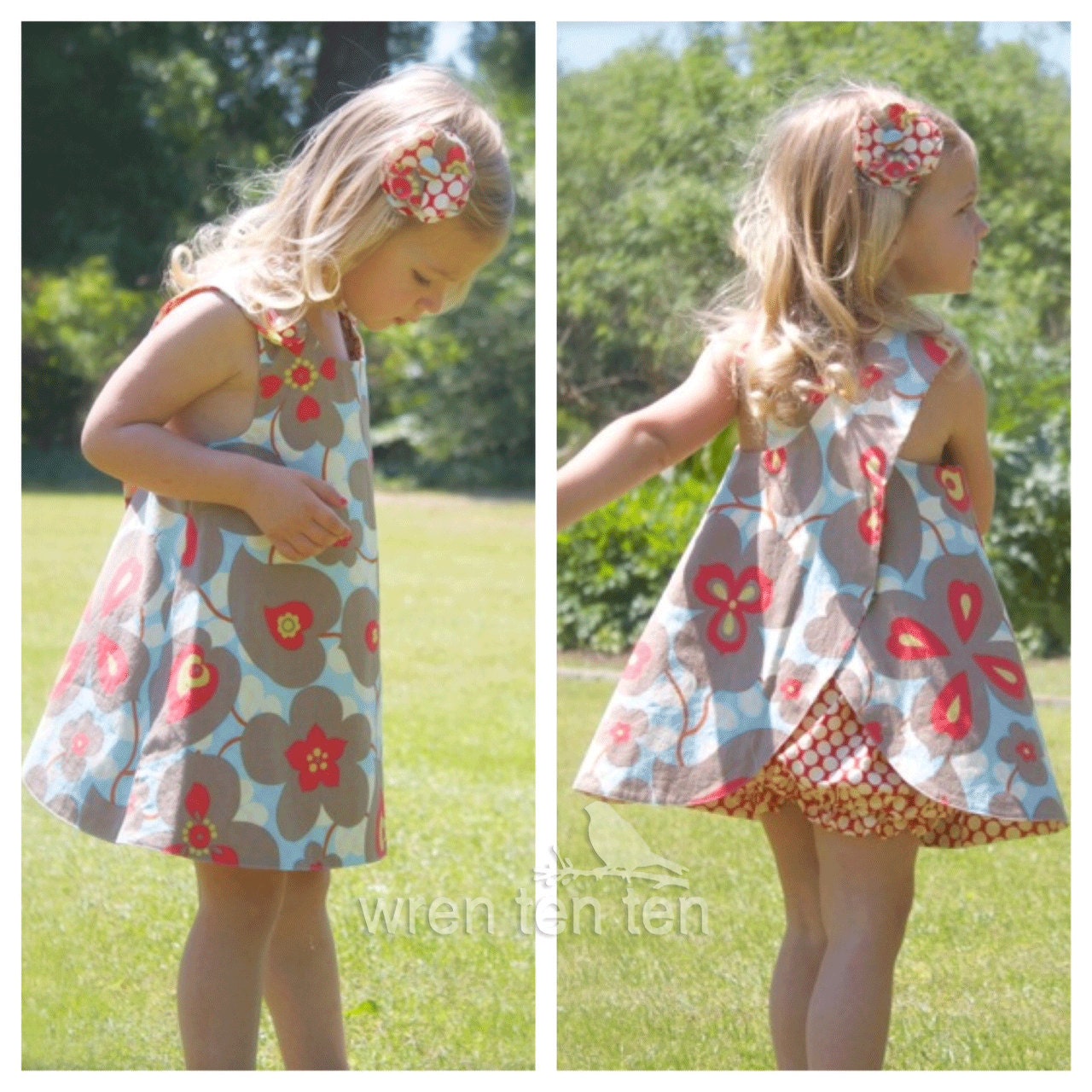 REVERSIBLE CRISS CROSS pinafore dress with matching bloomers - floral & dot fabric - baby, toddler, girls