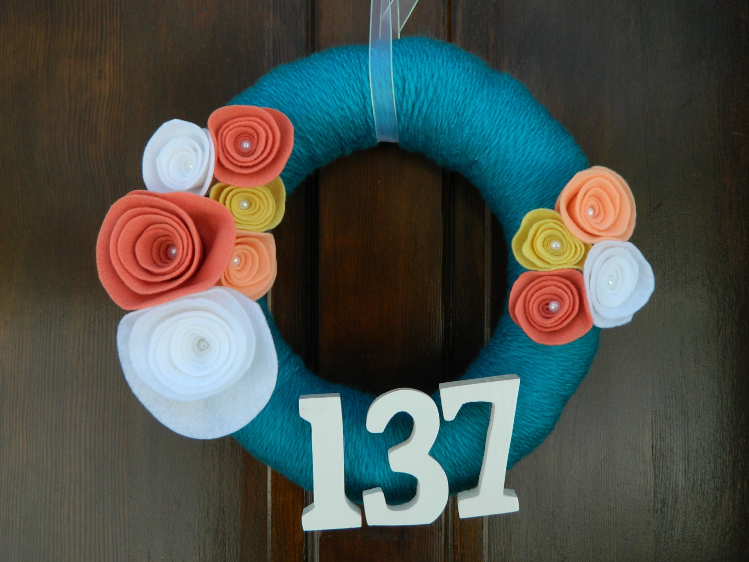 Spring Wreath - Teal Yarn Wreath with White, Peach, Rose and Yellow Felt Flowers, Pearls and House Numbers - 12 inch