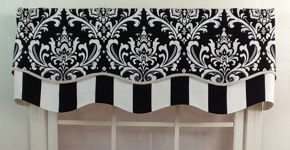 Damask layered shaped valance in black , navy or grey with trim