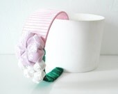 Headband pink green Fabric flower rosettes Satin and velvet ribbon - ready to ship