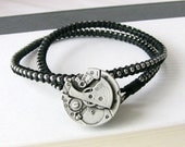 Mens Bracelet Steampunk Jewelry Silver and Black Leather Wrap Bracelet for Man Gift for Him