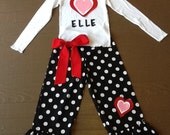 Custom children's clothing. Personalized Girls Valentine shirt ruffle pants set. Black white polka dot. Pink red heart. By EverythingSorella