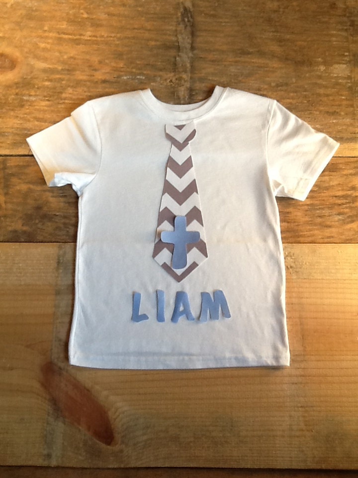 Personalized boys Easter tie shirt. Grey white chevron. Blue cross and name applique. Custom children's clothing by EverythingSorella