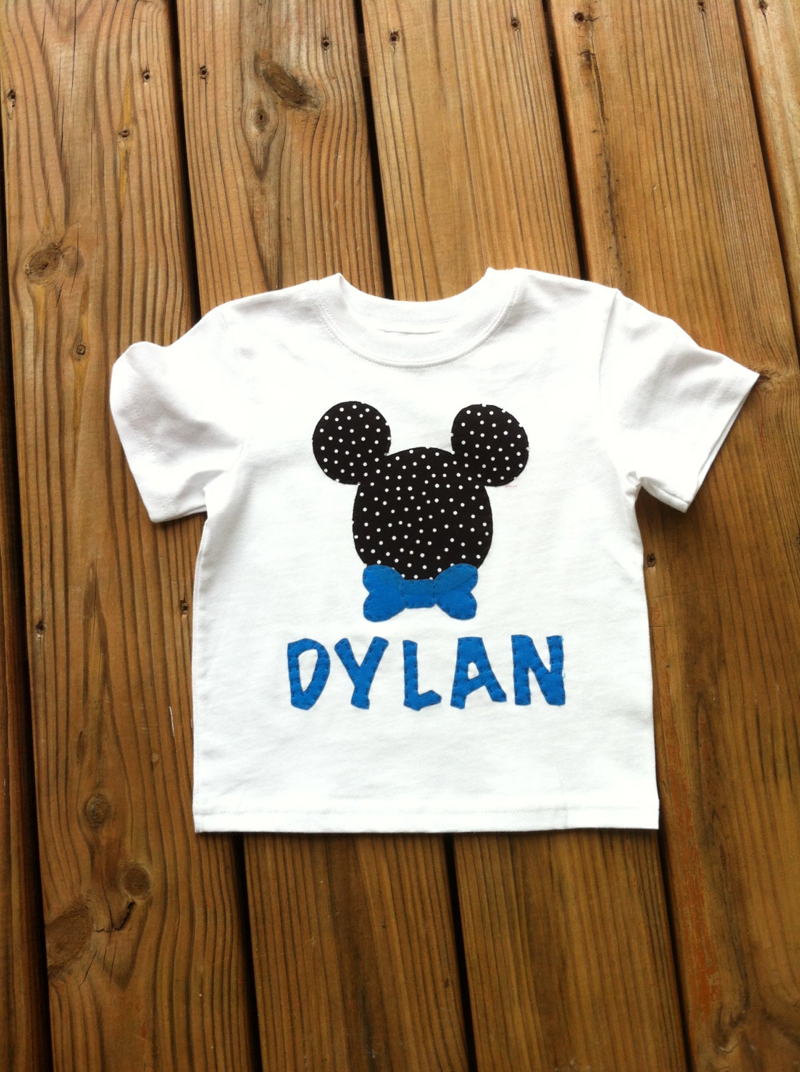 Boys Mickey Mouse shirt. Blue, black and white pin dot applique & personalization. Custom boutique children's clothing. By EverythingSorella