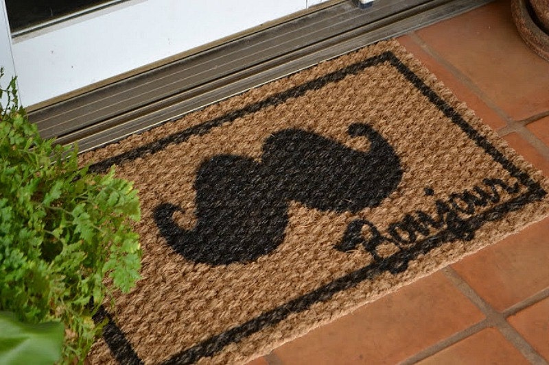 Moustache Bonjour Doormat Hand Painted on a Sisal Mat