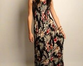 vintage 90s hawaiian floral maxidress - tropical vibes - smocked crinkled dress - aloha beach day -