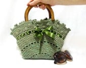 Crochet bag- Handmade tote bag- Free Shipping- Purse- Green handbag- 2013 bags trends, Medium handbag- wooden handle, Crochet tote bag - aynikki