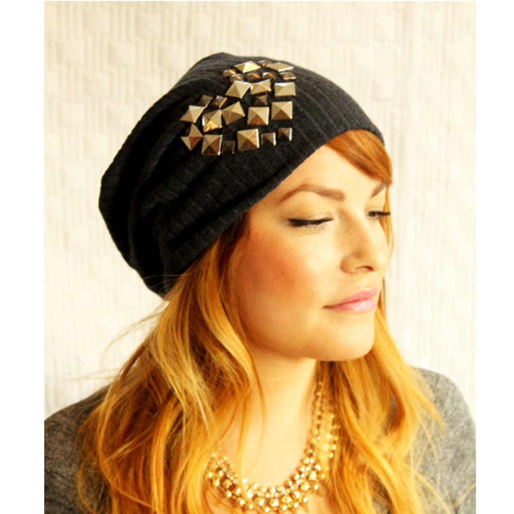 Gray Heart Slouchy HaT Women s Studded Beanie woman Winter Hair Accessory