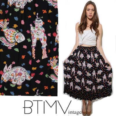 80s TSUMORI CHISATO-esque playful outsider art folkloric prairie mermaid magic fish rabbit hippie novelty print maxi skirt dress ruffle S M