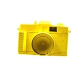 upcycled vintage camera, retro, yellow , kitschy decor, pop art, altered object, spray paint, graffiti