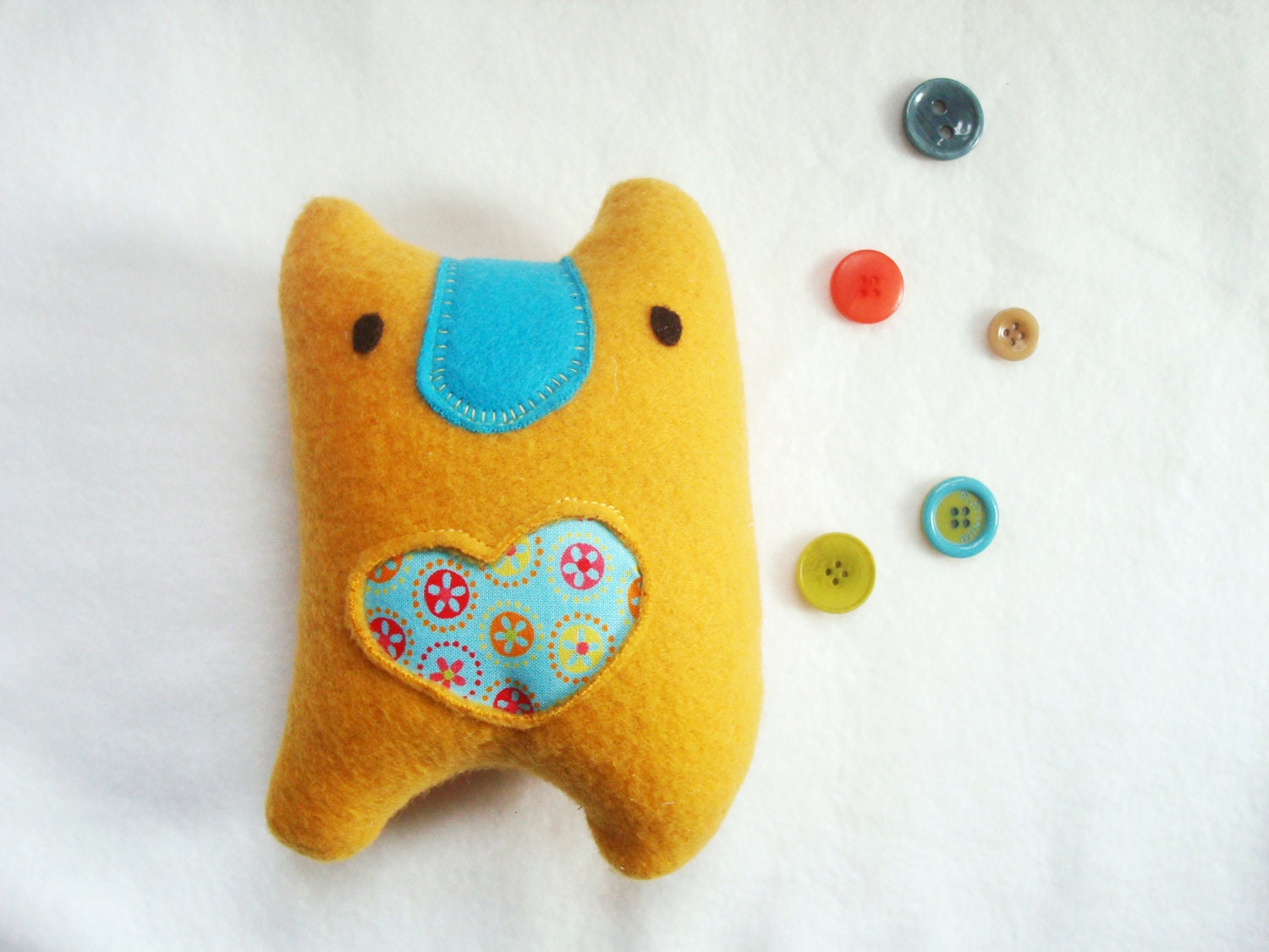 LOVEBELLY golden yellow plush with bright blue fleece nose and blue floral dots cotton valentine heart by might