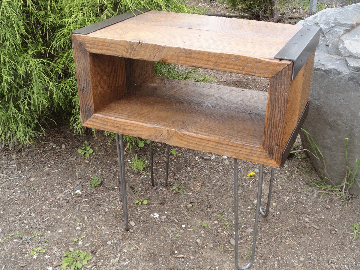 Industrial Side Table from salvaged barnwood with hairpin legs