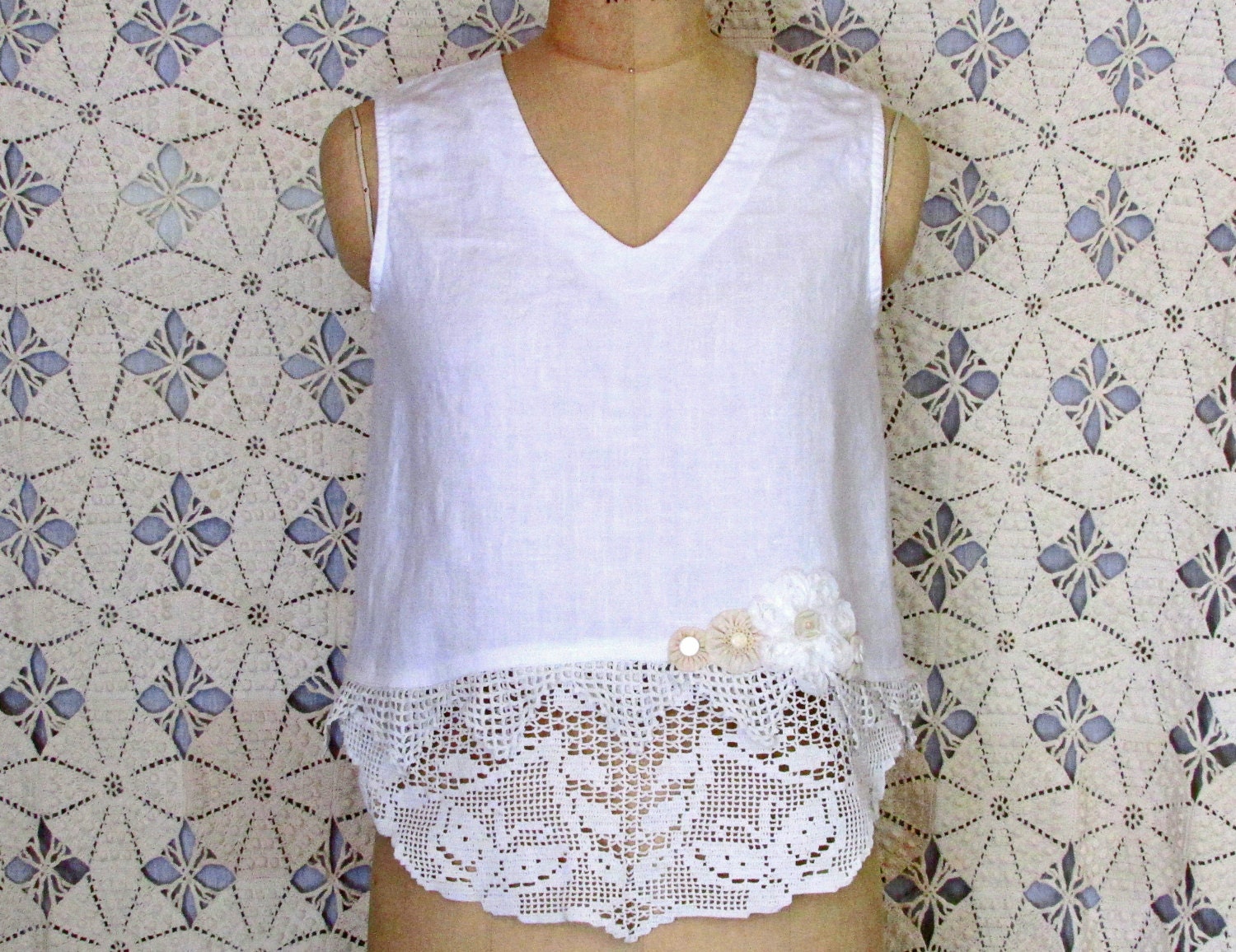 White Linen Blouse Doily Gypsy Boho Shabby Chic Vintage Upcycled Romantic Alterted Clothing