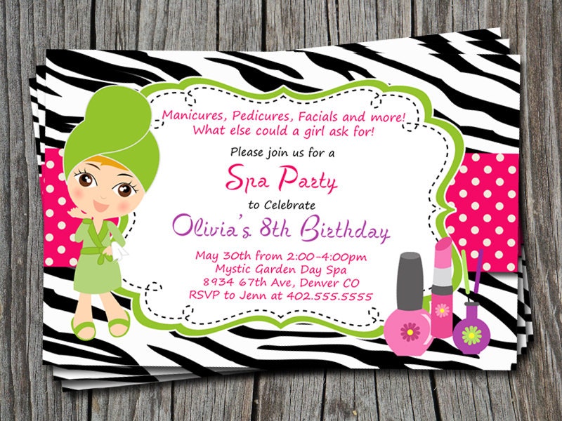 Custom Spa Party Pink and Black Zebra Print Birthday Party Invitation Card  - You Print