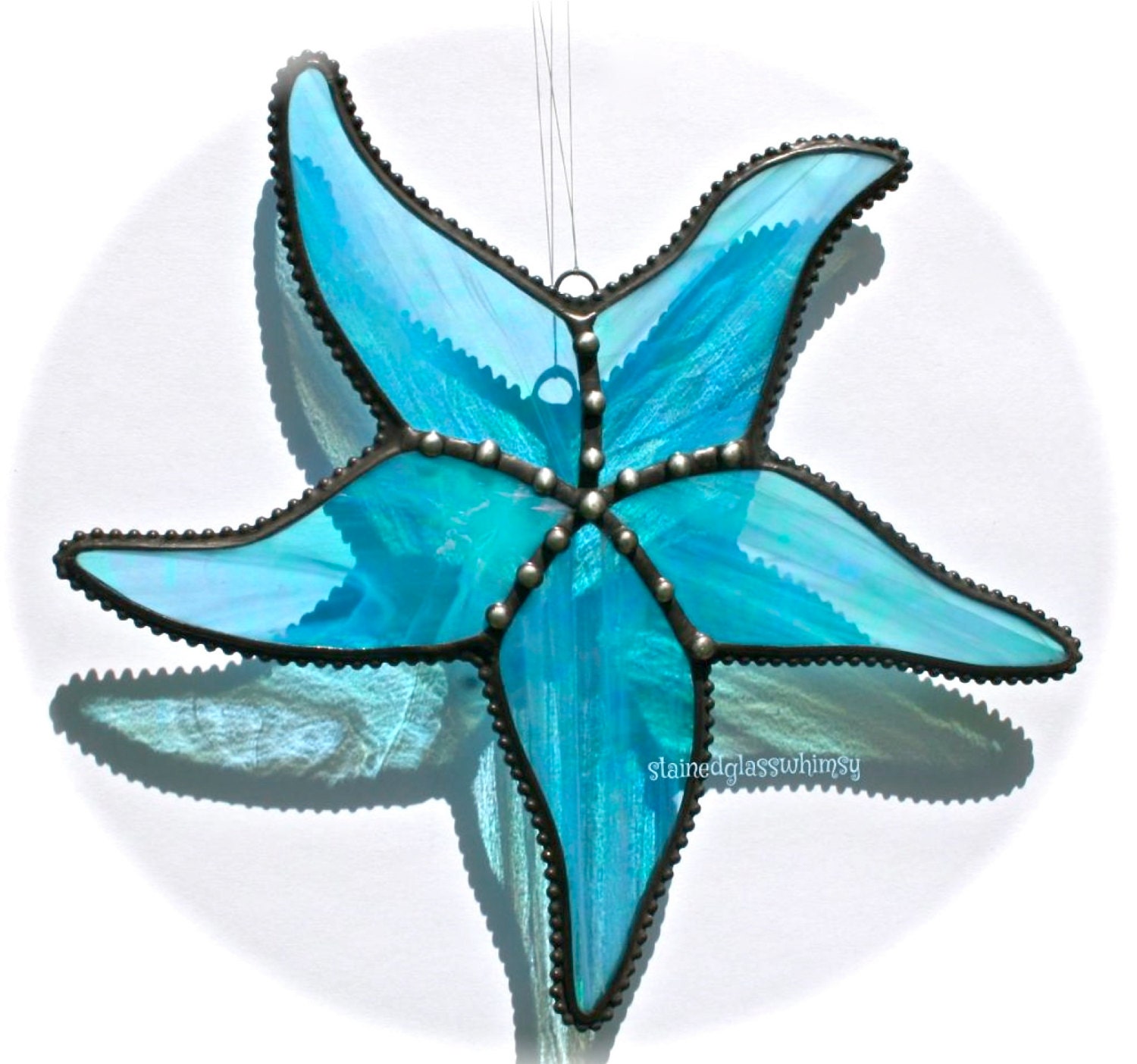 Stained Glass STARFISH Suncatcher--Wispy Turquoise with Rainbow Iridescence-- USA Handmade Original