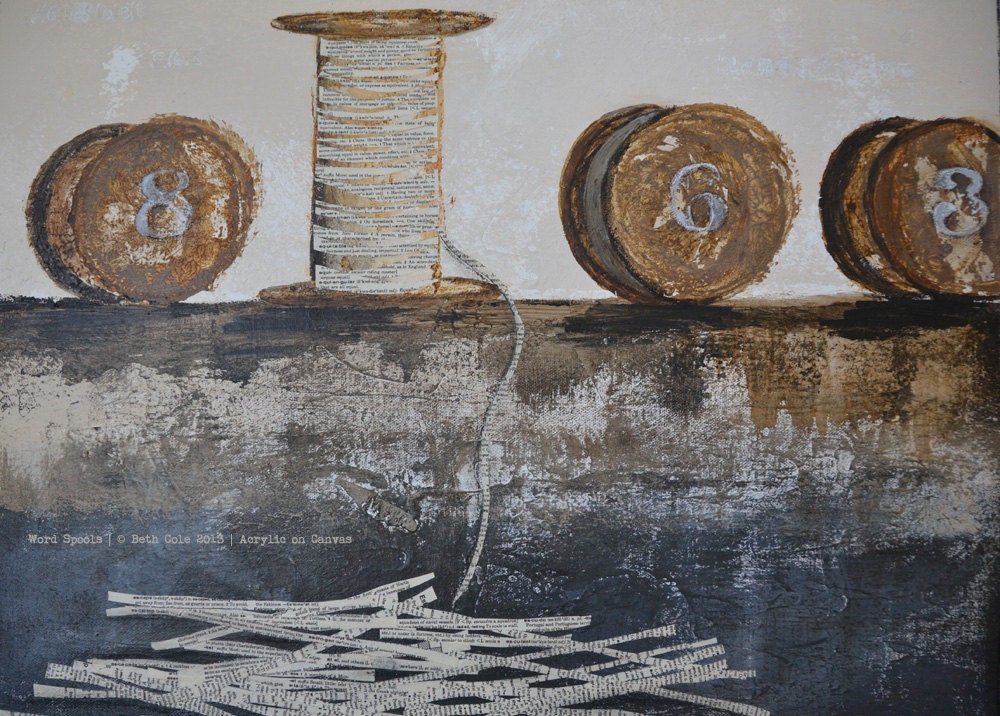 Original Mixed Media Painting - Word Spools - Vintage Spools, White, Black, Brown, Gray