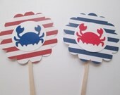 Set of 12 Nautical Striped Crab Cupcake Toppers- Nautical, Clambake, Red and Navy Striped