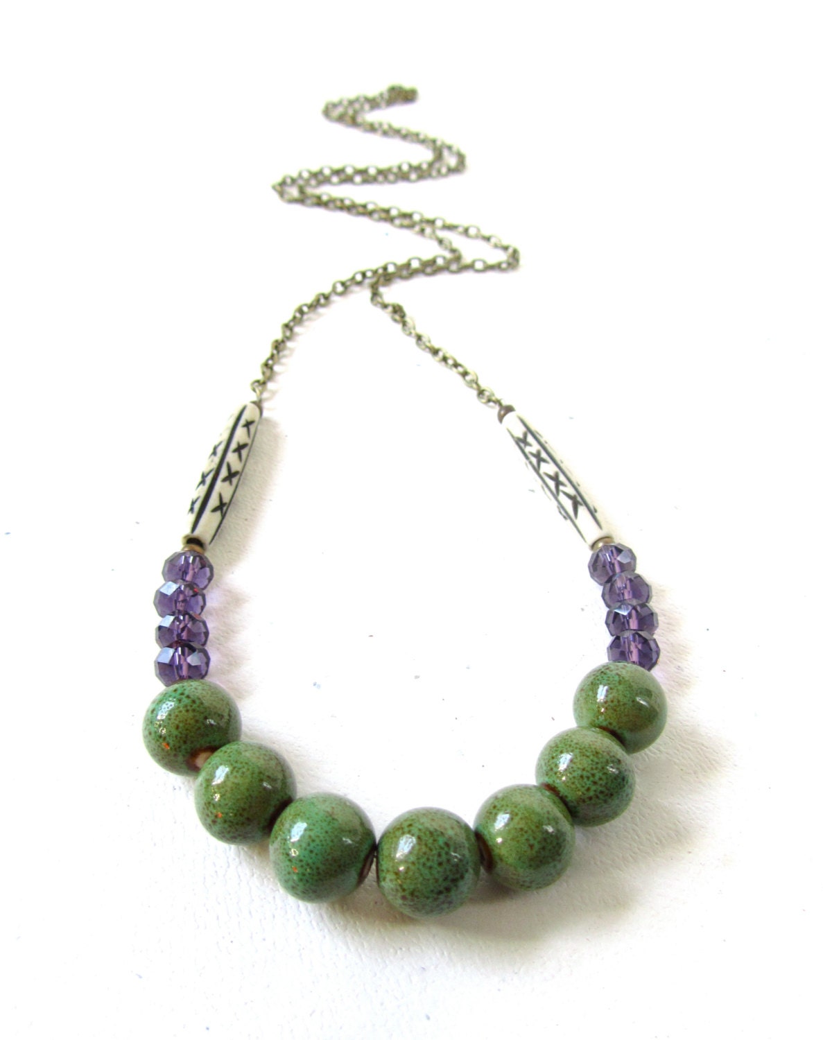 Porcelain Statement Necklace, Tribal, Bohemian, Southwestern, Green, Purple, Bone, Mixed Media, Long Chain