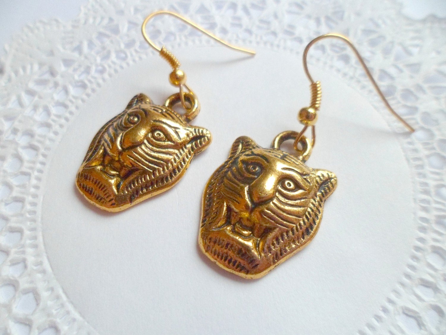 Oriental Gold Tiger Big Cat Hook Earrings