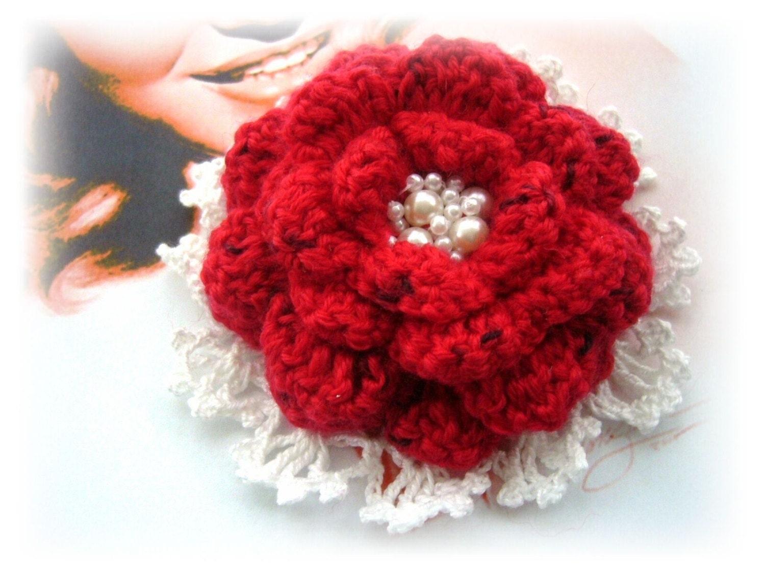 Crochet Red Brooch -Cashmere and White Cotton Flower Corsage Brooch