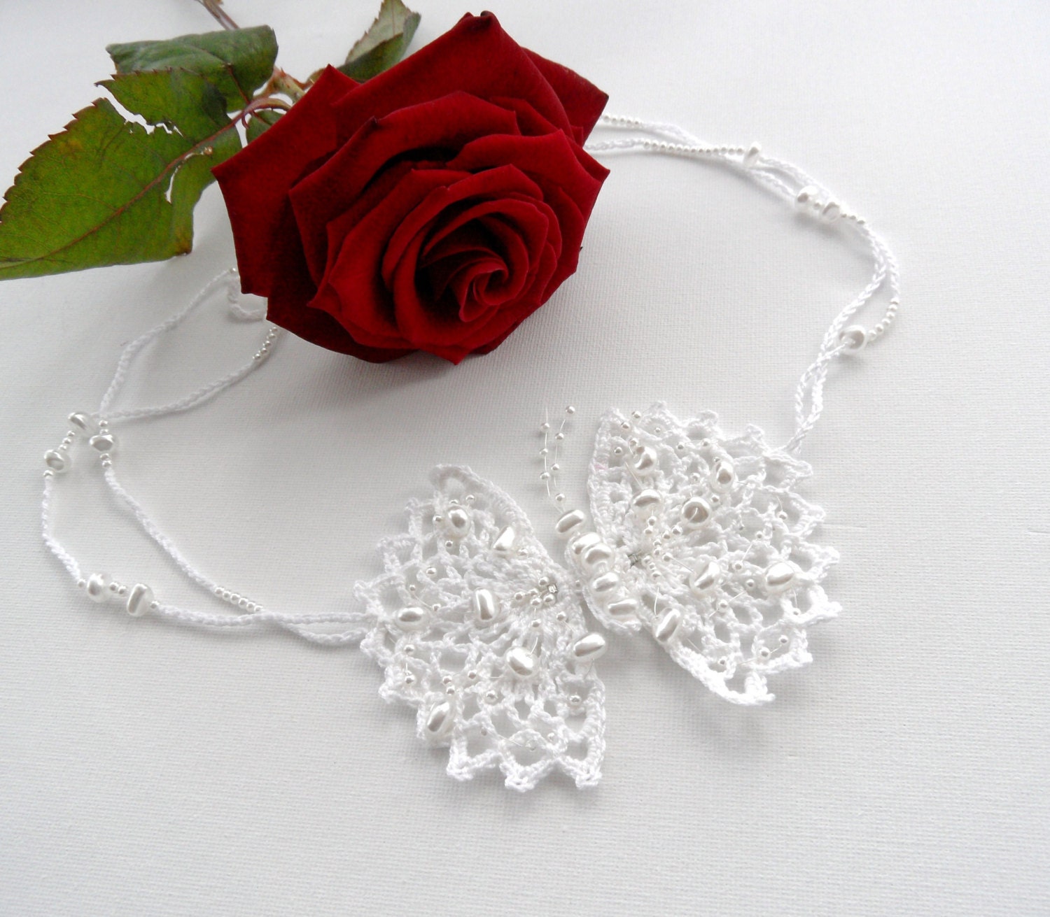 Crochet Beaded White Necklace Choker Butterfly
