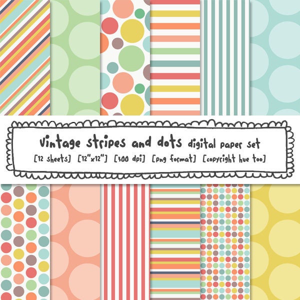 pastel vintage colored stripes polka dots girls digital background papers, pastel digital paper, birthday baby instant download 478