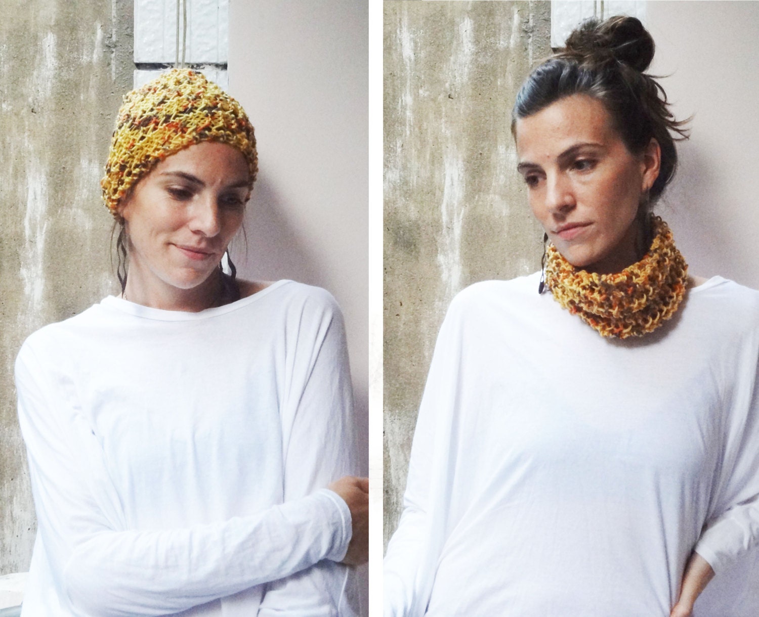 Knit Cowl Scarf - Bright Yellow Multi - fall winter accessories lightweight fashion bold bohemian hippie - gift under 25