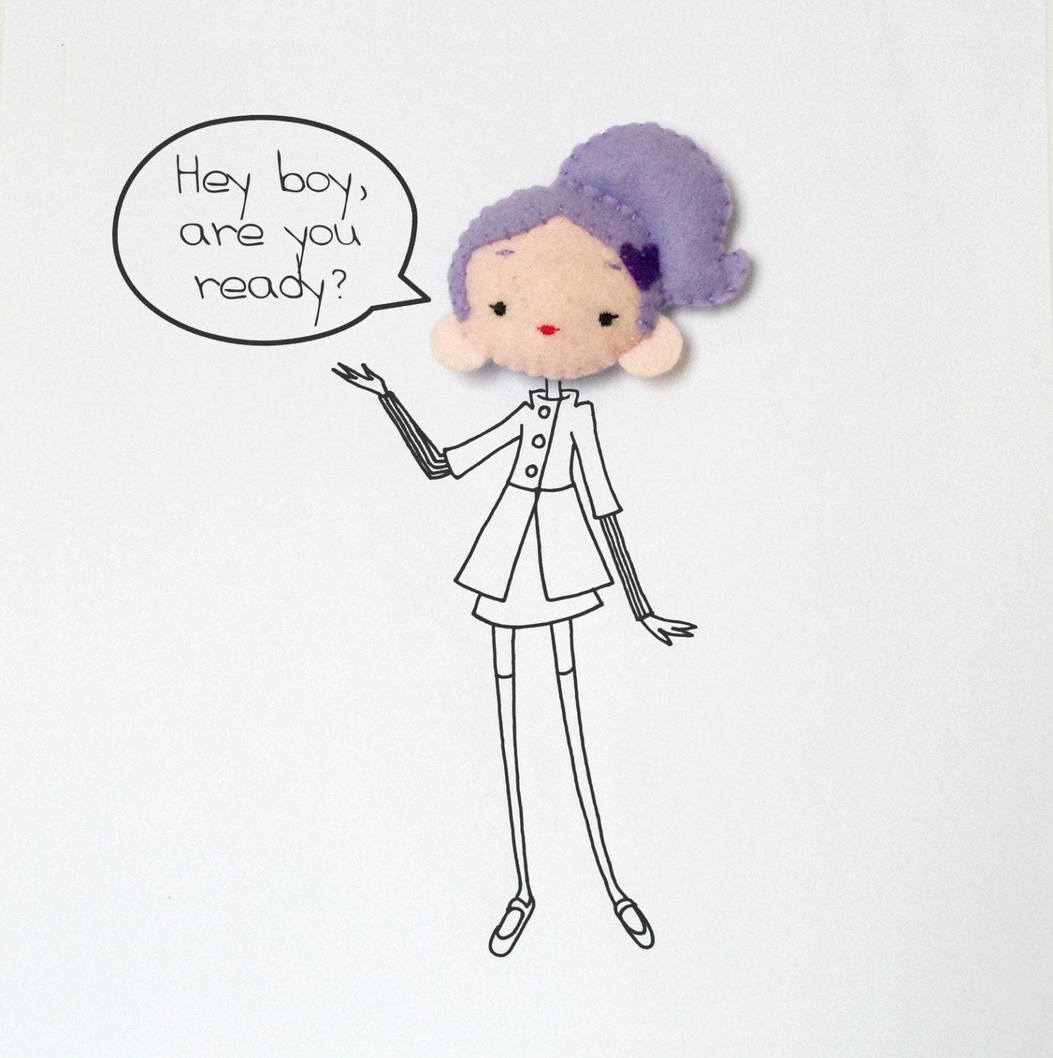 Lilac girl brooch, face pin, felt and stuffed brooch, cartoon seventies, made to order