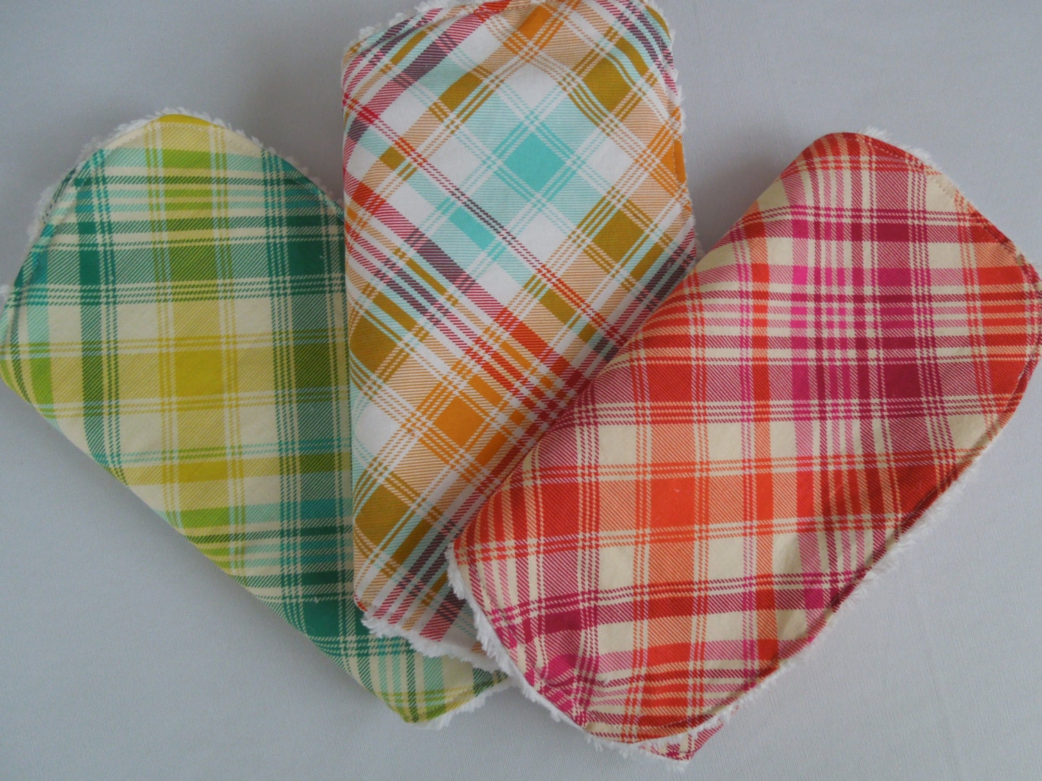 Modern Plaid Burp Cloths - Set of 3 - Tartan Plaid in Poppy, Tangerine and Aquamarine