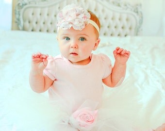 Floral Ivory Couture Rose Tutu Set Photography Prop with Matching Ivory Floral Cluster Headband Newborn-3T