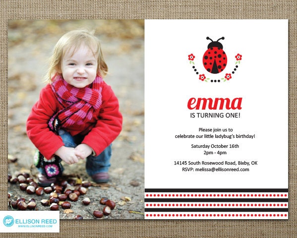 Ladybug Invitation - First Birthday - Ladybug Printable - Birthday Invitation - bug invitation - flowers - red - black - Polka Dots Il_570xn