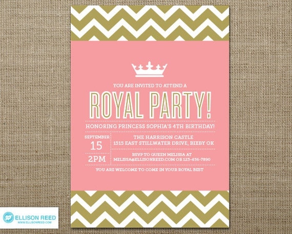 Princess Invitation - Crown - Pink Birthday - Chevron - Princess Printable - Girl Birthday - Printable Party - Pink and Gold invitation Il_570xn