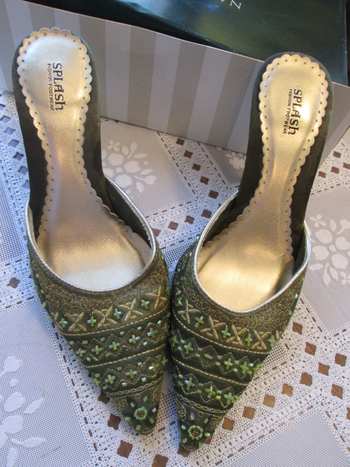 Splash, fashion footwear , high heels, green  with sequence seeds, cute design,