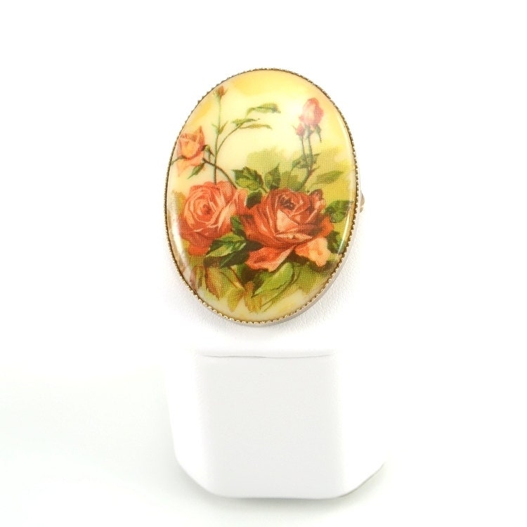 Vintage Rose Brooch, Flower Brooch, Floral 1950s Jewelry, Coral Orange Yellow Gold, Autumn Colors