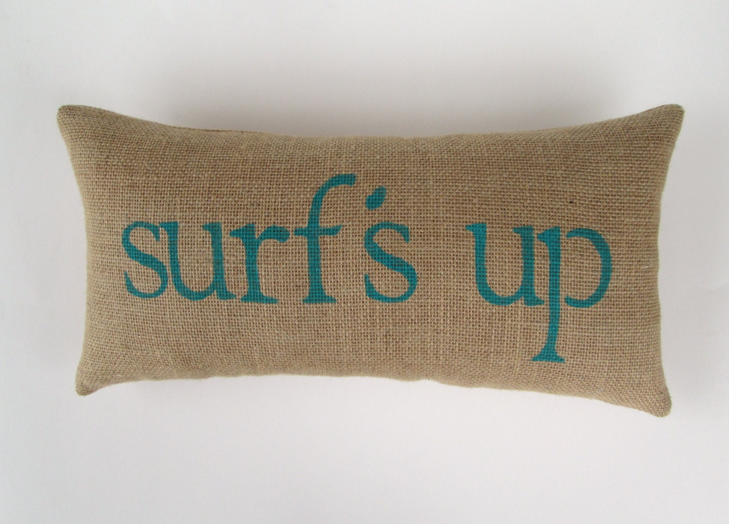 beach decor, surf's up burlap pillow, surfing decor, aqua blue decorative pillow, home decor, beach theme decor, surfer, READY TO SHIP