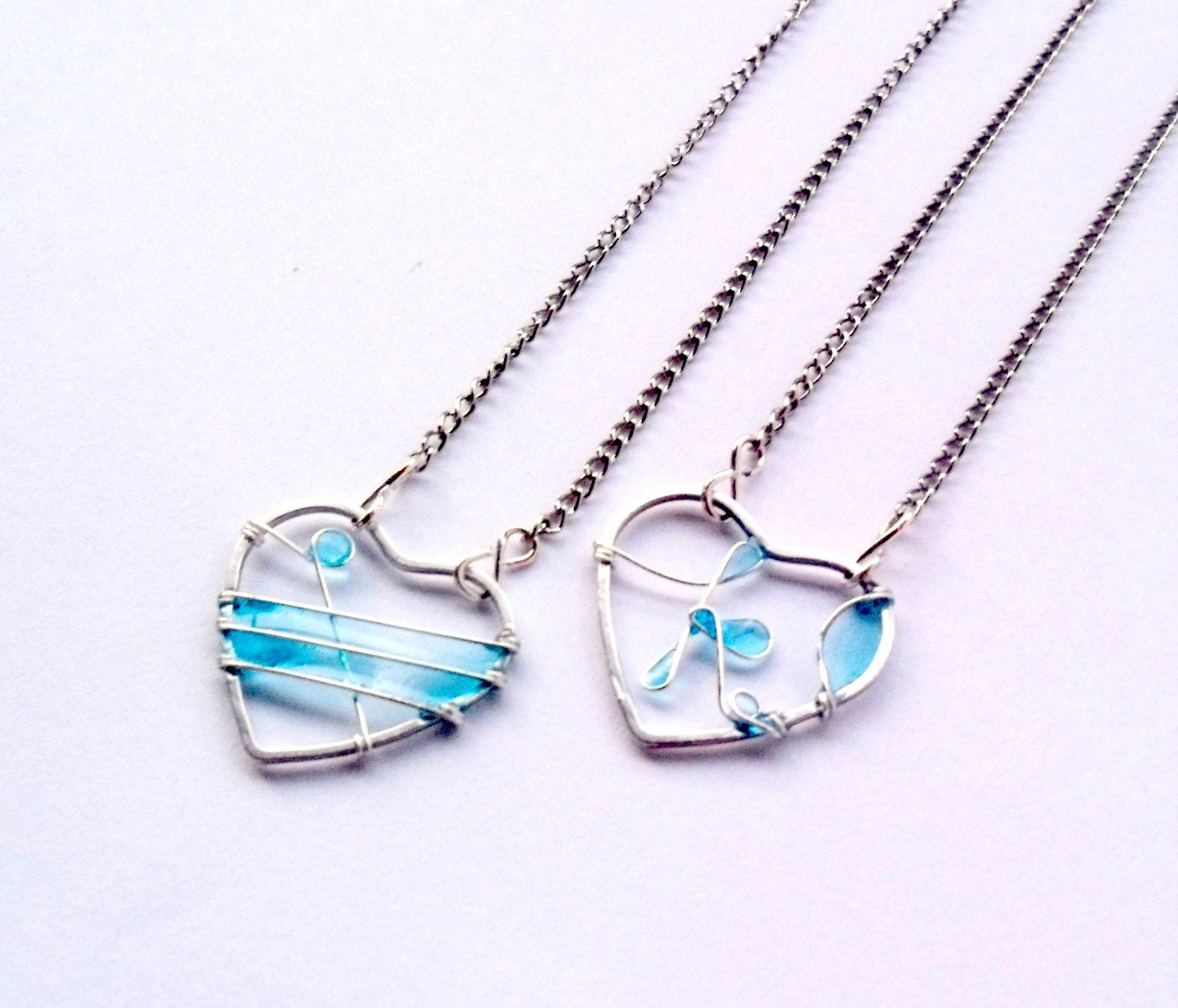 Valentine necklace set, initial and heart necklaces, blue heart necklace, personalised wire initial necklace, silver plated, made to order