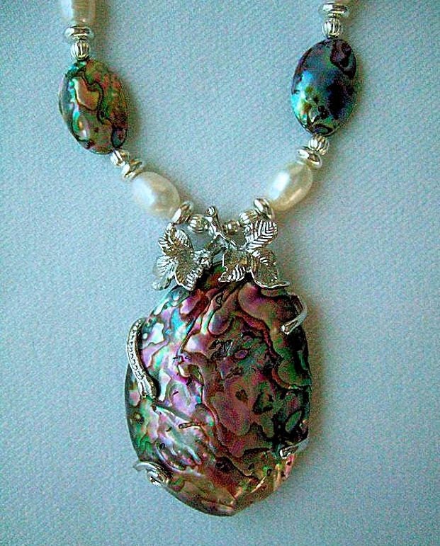 Abalone Silver Freshwater Pearl Statement Necklace, Beautiful and Elegant, Unique OOAK, Beaded